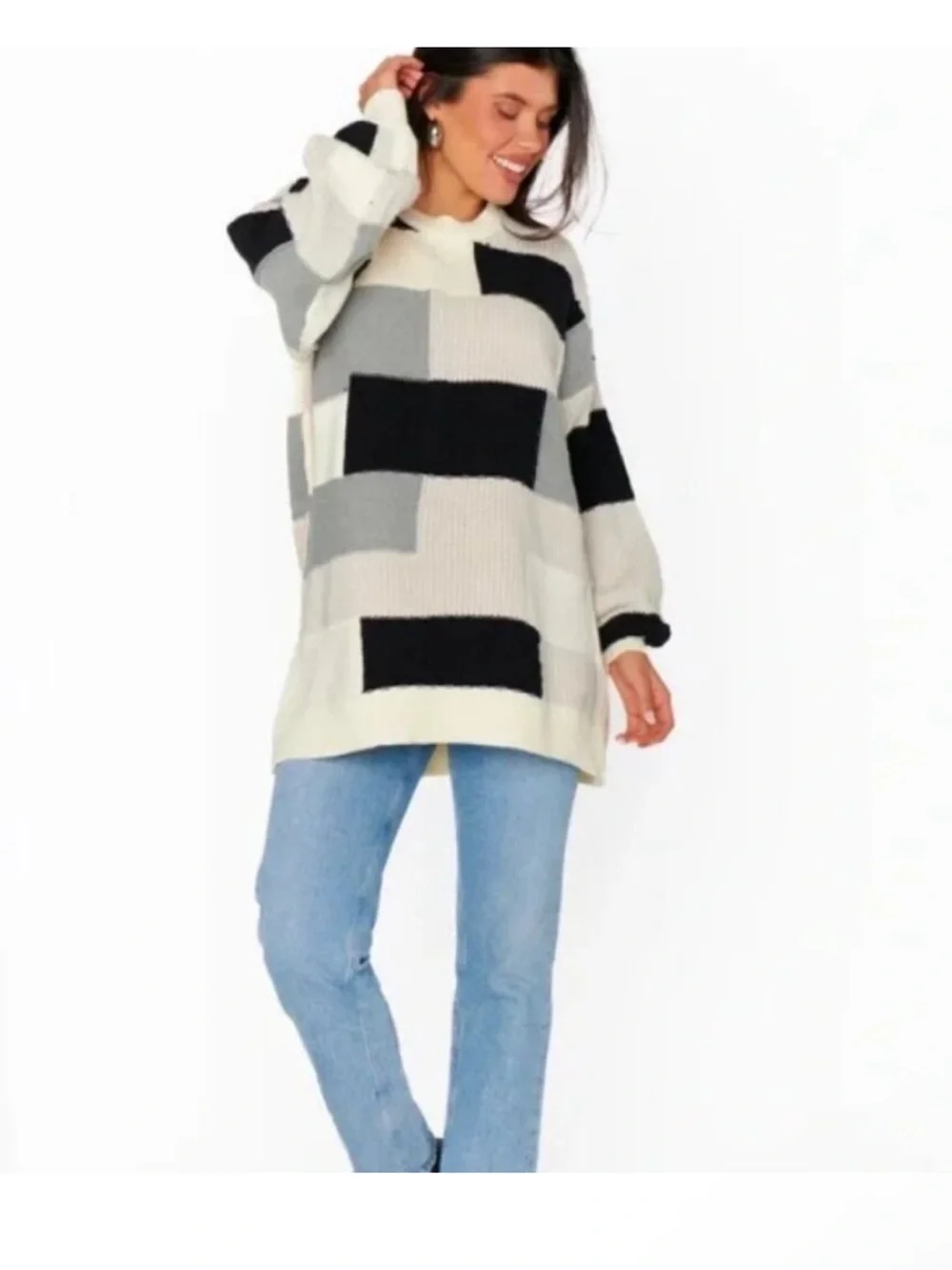 Women SHOW ME YOUR MUMU Ember Patchwork Knit Tunic Sweater Gray Black Ivory-3X